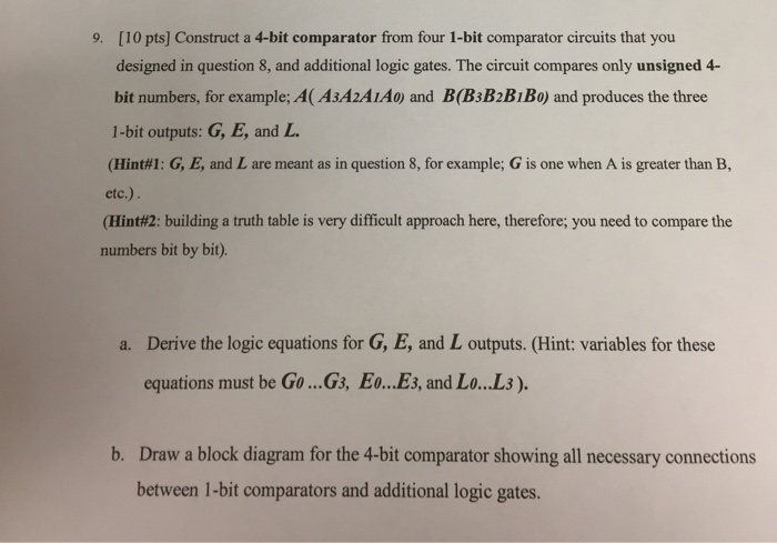 Solved [10 pts] Construct a 4-bit comparator from four 1-bit | Chegg.com