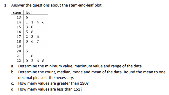 Solved 1. Answer the questions about the stem-and-leaf plot. | Chegg.com