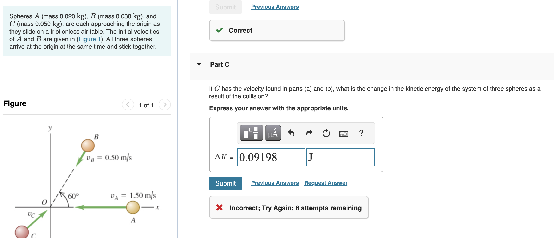 Spheres A (mass 0.020 Kg ), B (mass 0.030 Kg ), And C | Chegg.com