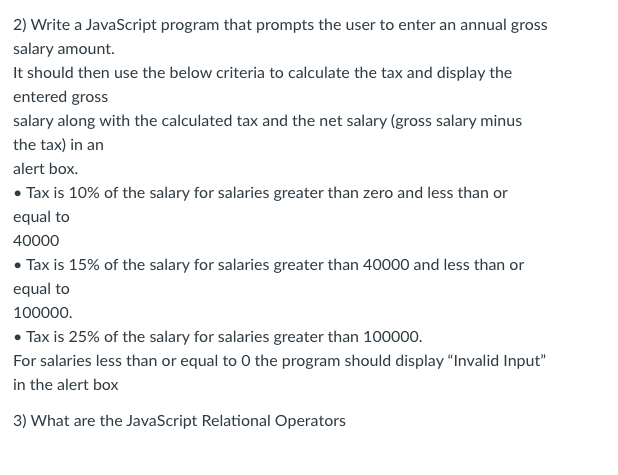2) Write a JavaScript program that prompts the user | Chegg.com