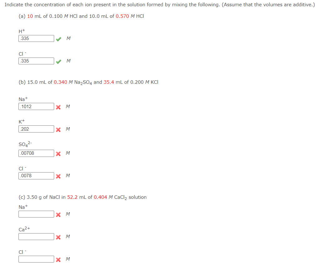 Solved Indicate the concentration of each ion present in the | Chegg.com