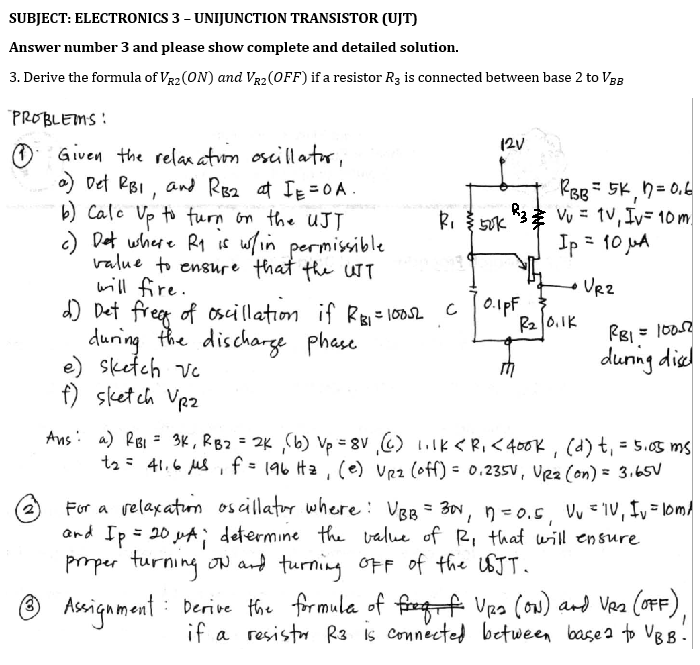 Solved SUBJECT: ELECTRONICS 3 - UNIJUNCTION TRANSISTOR (UJT) | Chegg.com