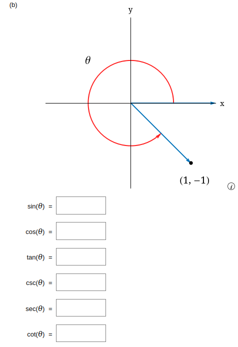 (b) (i) \[ \begin{array}{l} \sin (\theta)=\square \\ \cos (\theta)=\square \\ \tan (\theta)=\square \\ \csc (\theta)=\square