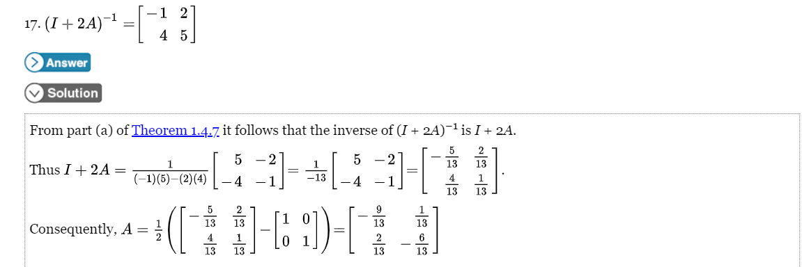 Solved Use the given information to find A (I+2A)^-1 = [-1 2 | Chegg.com