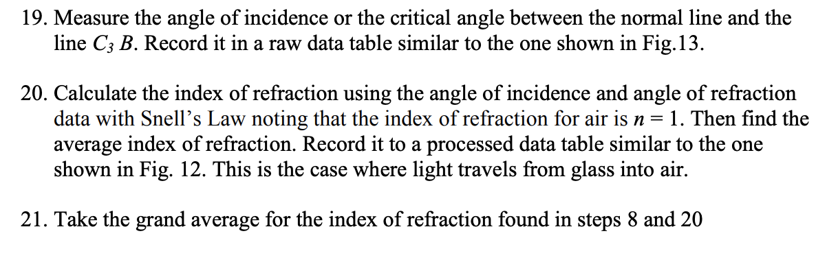 19. Measure the angle of incidence or the critical angle between the normal line and the line \( C_{3} B \). Record it in a r