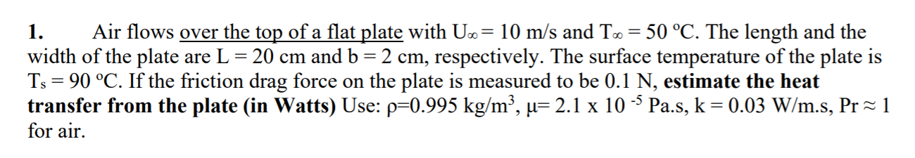Solved 1. Air flows over the top of a flat plate with U. = | Chegg.com