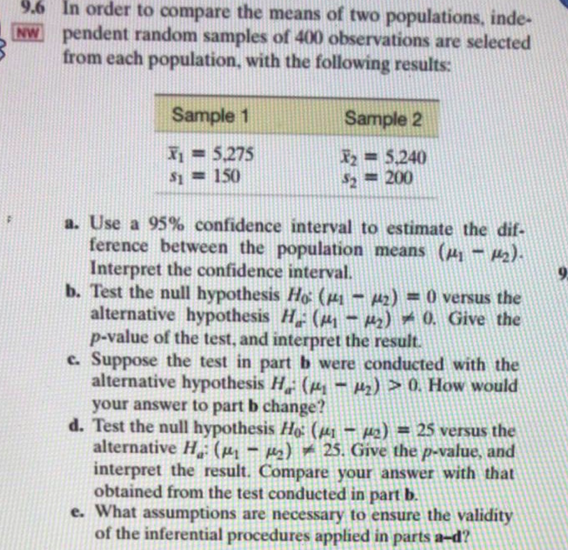 Solved 9.6 in order to compare the means of two populations, | Chegg.com