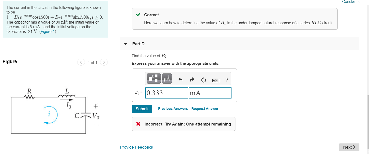 Solved Constants Correct The Current In The Circuit In The | Chegg.com