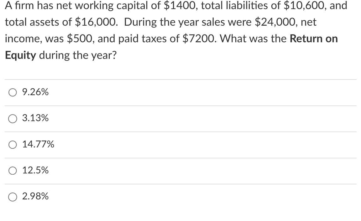 Solved A firm has net working capital of 1400, total