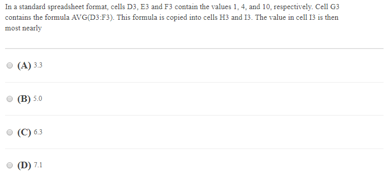 Solved In a standard spreadsheet format, cells D3, E3 and F3 | Chegg.com