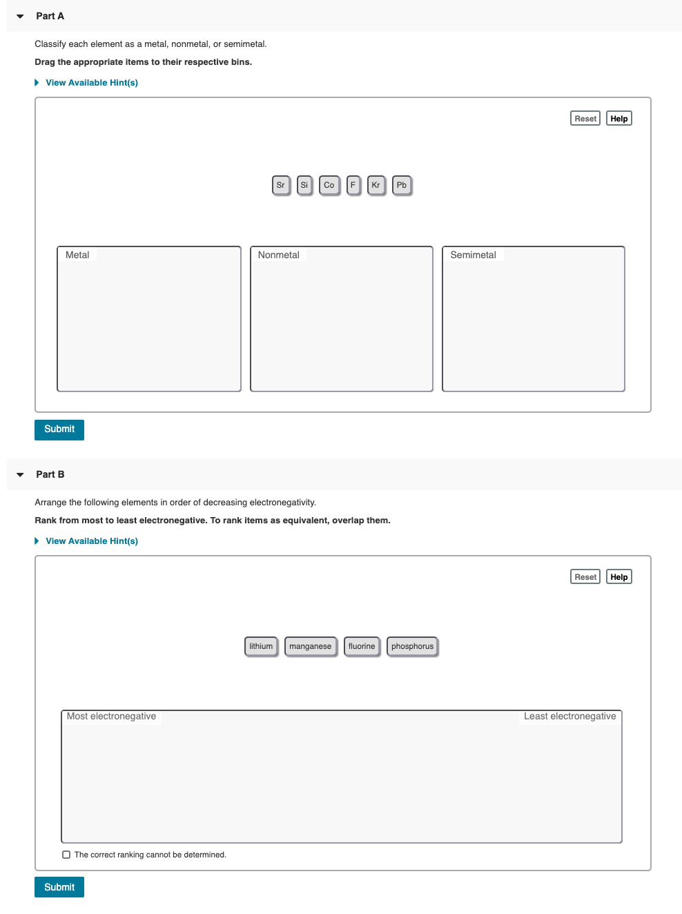 Solved Part A Classify each element as a metal, nonmetal, or | Chegg.com