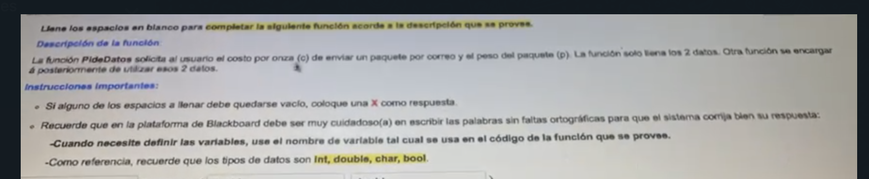 Lene los espaclos an bianco para completar ia algulente huncion acorde a te deserfpelbin que se provee. Descripclin de ia hun