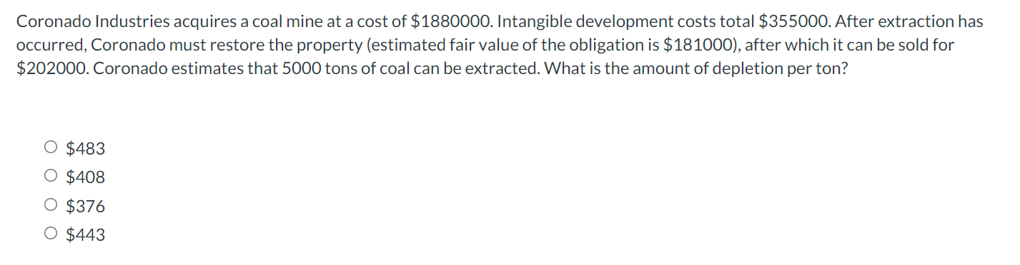 Solved Coronado Industries acquires a coal mine at a cost of | Chegg.com