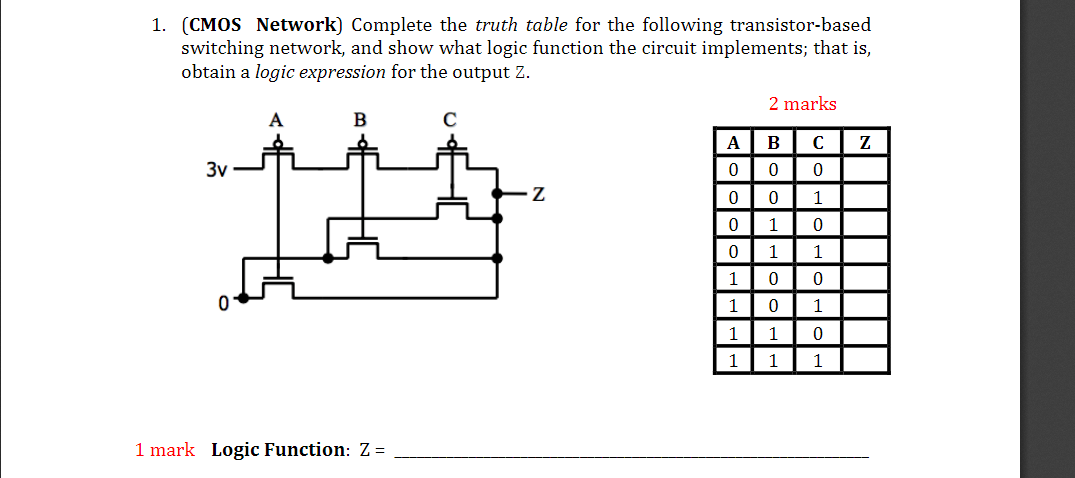 Solved 1. (CMOS Network) Complete the truth table for the | Chegg.com