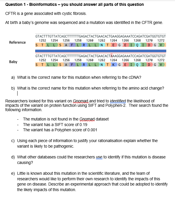 Question 1 - Bioinformatics - You Should Answer All 