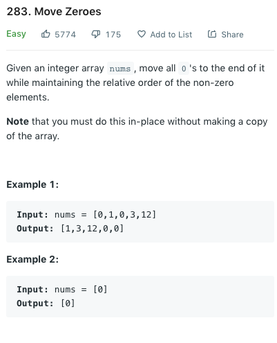 Solved 283. Move Zeroes Easy 5774 175 ♡ Add to List a Share | Chegg.com