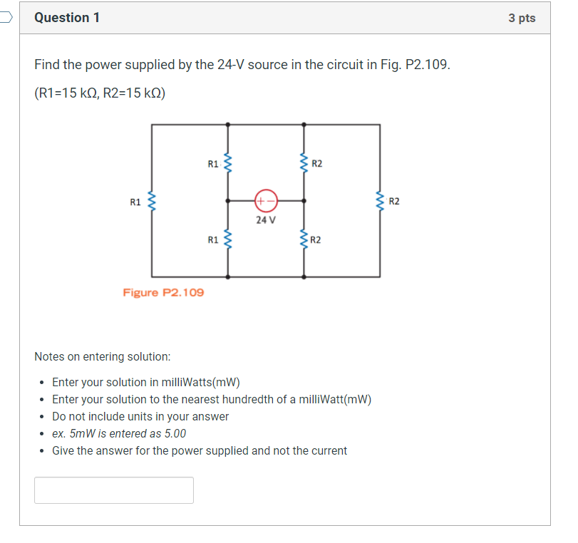 Solved Question 1 3 pts Find the power supplied by the 24-V | Chegg.com
