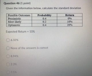 Solved Question 46 (1 point) Given the information below, | Chegg.com