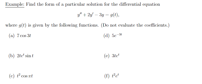 Solved Example: Find the form of a particular solution for | Chegg.com