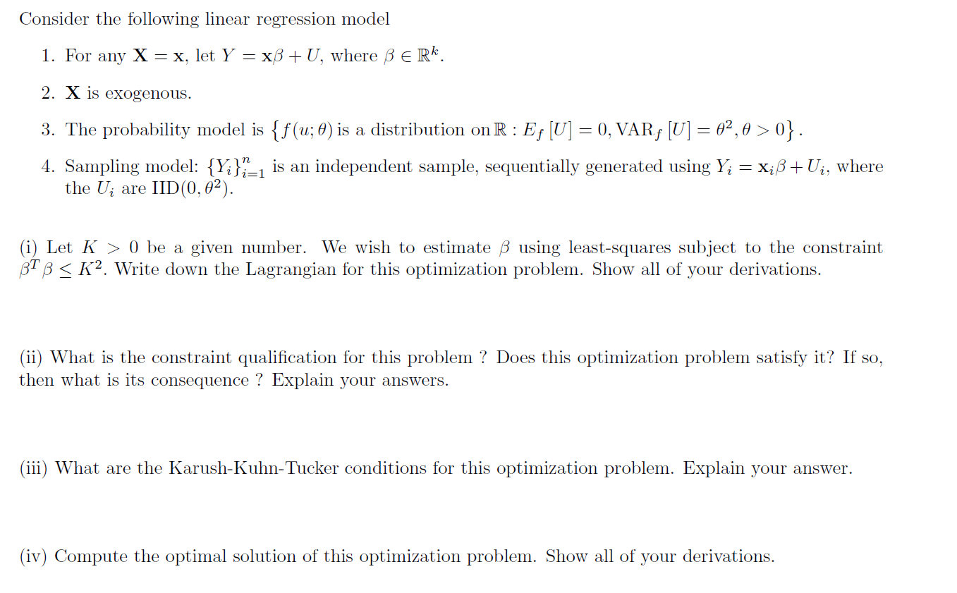 Solved Consider the following linear regression model 1. For | Chegg.com