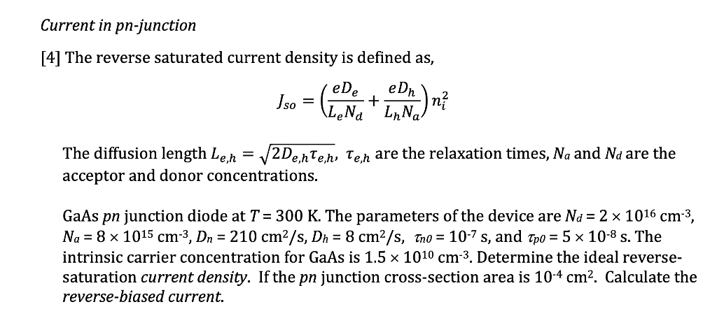 Solved [4] The reverse saturated current density is defined | Chegg.com