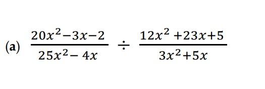 \( \frac{20 x^{2}-3 x-2}{25 x^{2}-4 x} \div \frac{12 x^{2}+23 x+5}{3 x^{2}+5 x} \)