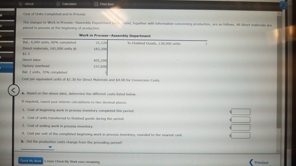 Solved eBook Calculator Cost of Units Completed and in | Chegg.com