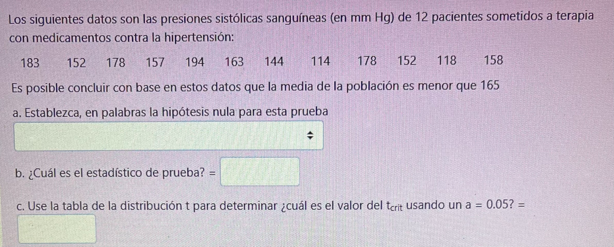 Los siguientes datos son las presiones sistólicas sanguíneas (en \( \mathrm{mm} \mathrm{Hg} \) ) de 12 pacientes sometidos a