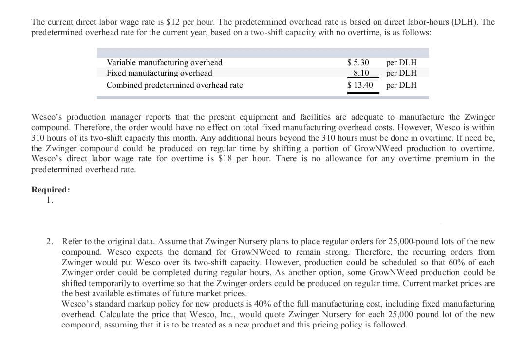 Solved Relevant Costs; Pricing Wesco Incorporated's only