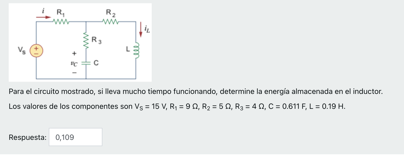 R www R2 w il R3 Vs + VC с Para el circuito mostrado, si lleva mucho tiempo funcionando, determine la energía almacenada en e