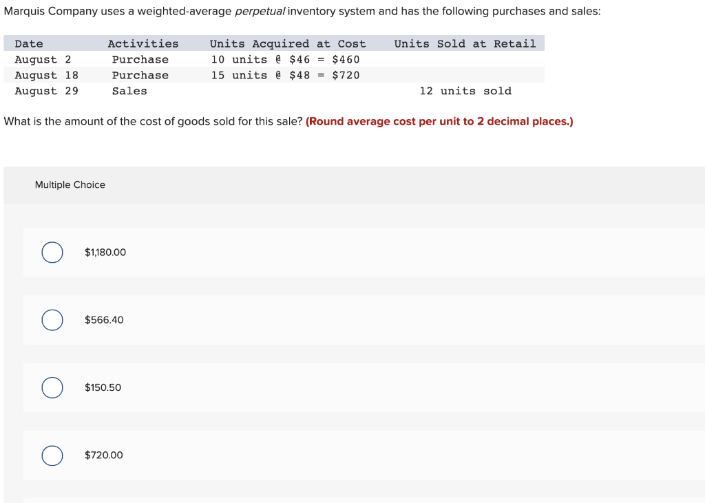 Solved Marquis Company uses a weightedaverage perpetual