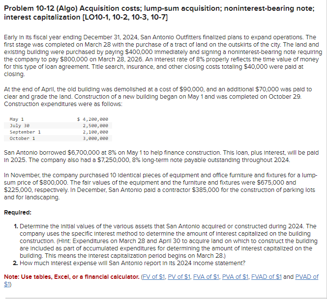 Solved Problem 10-12 (Algo) Acquisition costs; lump-sum | Chegg.com