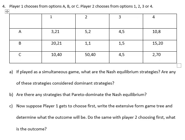 Solved 4. Player 1 Chooses From Options A, B, Or C. Player 2 | Chegg.com