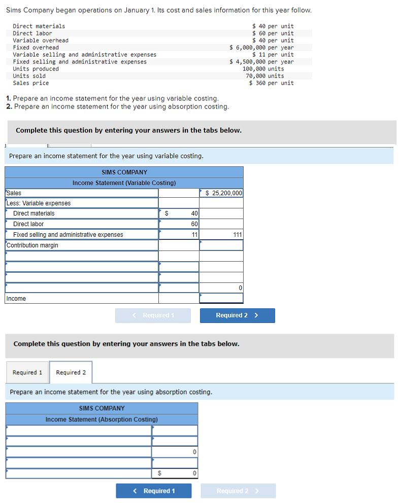 Solved Sims Company began operations on January 1. Its cost | Chegg.com