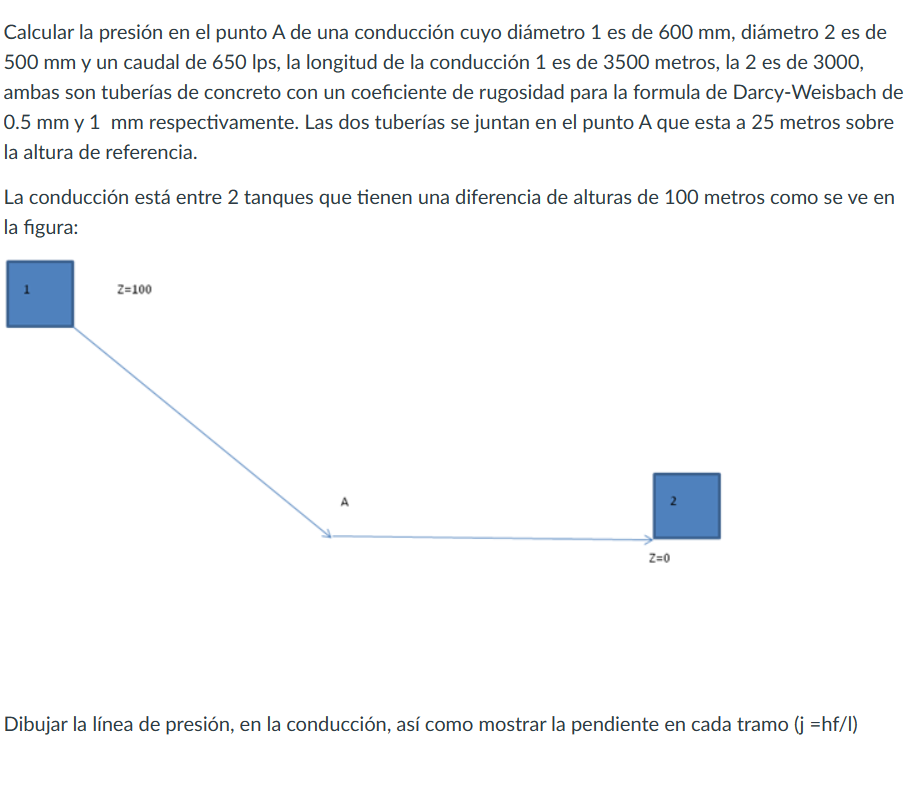 Calcular la presión en el punto A de una conducción cuyo diámetro 1 es de \( 600 \mathrm{~mm} \), diámetro 2 es de \( 500 \ma