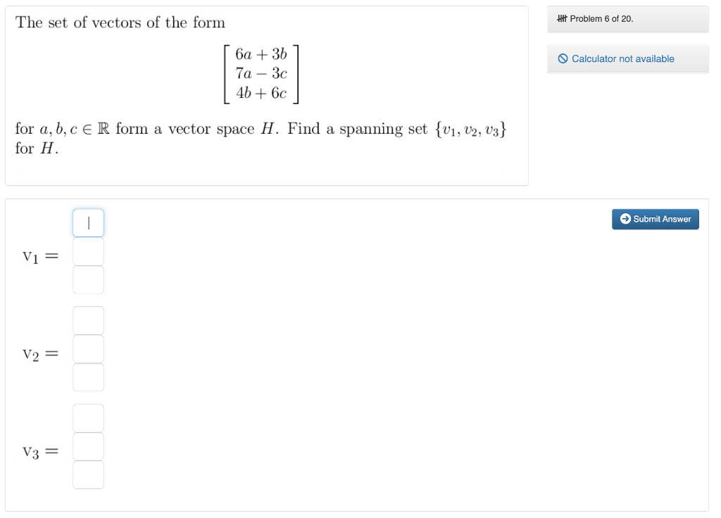 Solved The set of vectors of the form ⎣⎡6a+3b7a−3c4b+6c⎦⎤ | Chegg.com