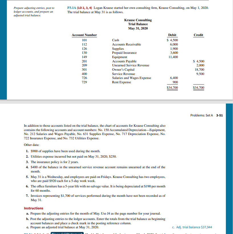 Solved Prepare adjusting entries, post to ledger accounts,