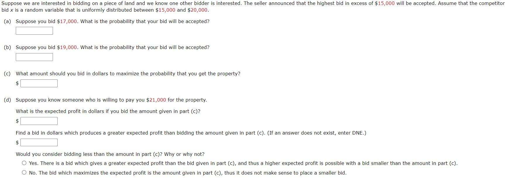 Solved Bid X Is A Random Variable That Is Uniformly | Chegg.com