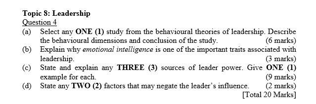 Solved Topic 8: Leadership Question 4 (a) Select any ONE (1) | Chegg.com