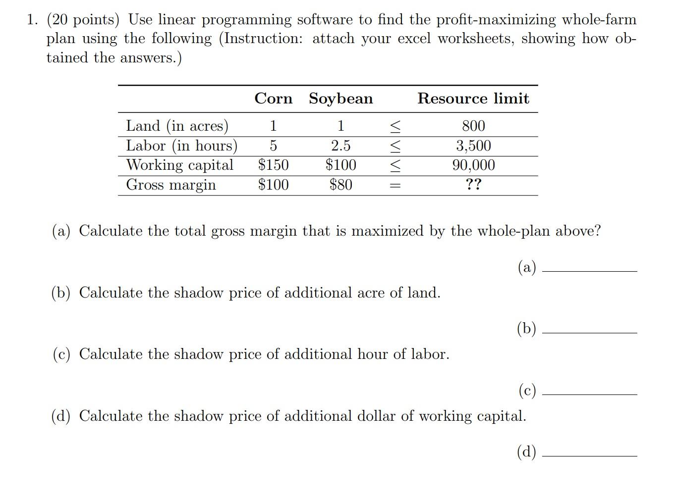 Solved 1. (20 points) Use linear programming software to | Chegg.com