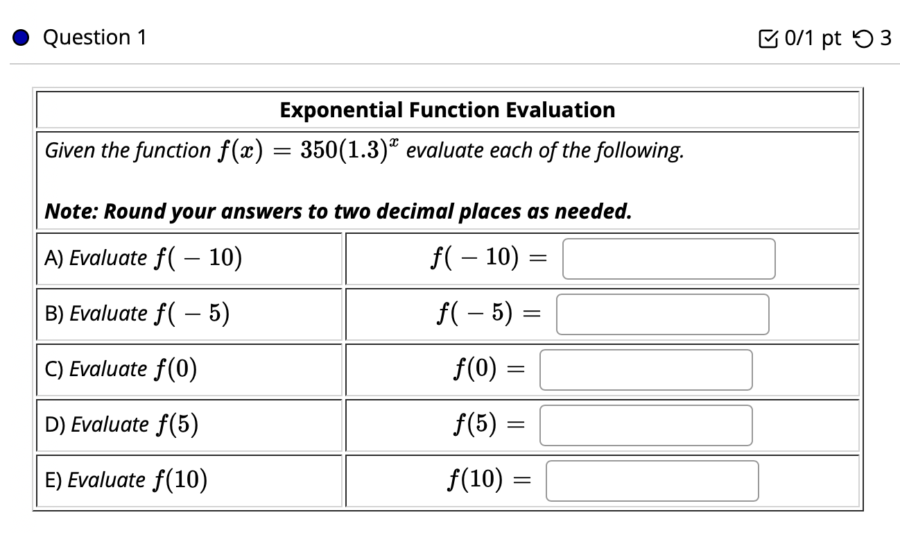 Solved Question 1 Exponential Function Evalu Given the | Chegg.com
