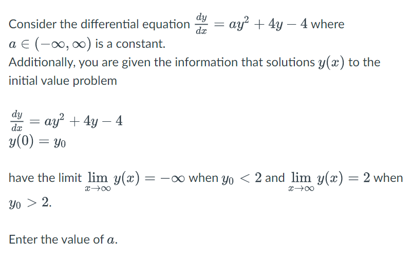 Solved = dy Consider the differential equation ay2 + 4y – 4 | Chegg.com