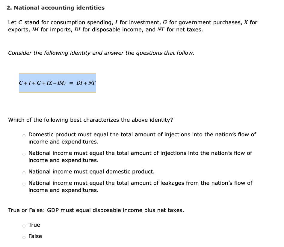 Solved 2 National Accounting Identities Let C Stand For Chegg Com