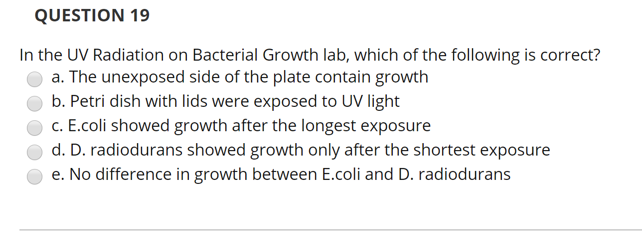 Solved QUESTION 19 In the UV Radiation on Bacterial Growth | Chegg.com
