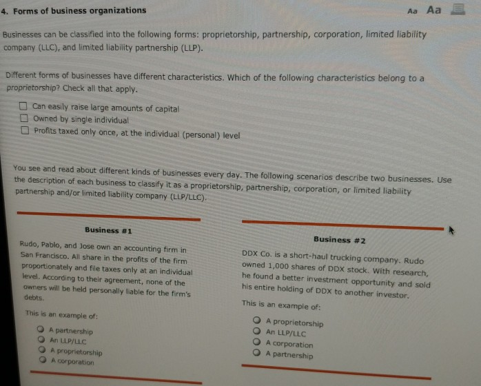 Solved Aa Aa 4. Forms of business organizations Businesses