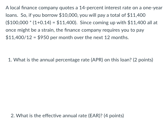 Solved A Local Finance Company Quotes A 14 Percent Interest 7430