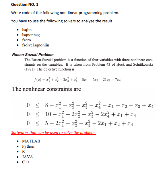 Question NO. 1 Write code of the following non-linear | Chegg.com
