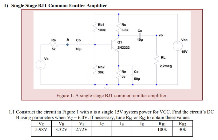 Solved 1) Single Stage BJT Common Emitter Amplifier Rb1 100K | Chegg.com