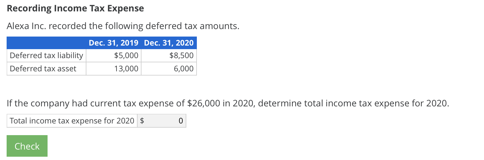 Solved Recording Income Tax Expense Alexa Inc. recorded the | Chegg.com