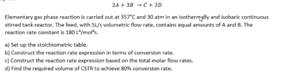 Solved 2A+3B→C+2D Elementary gas phase reaction is carried | Chegg.com